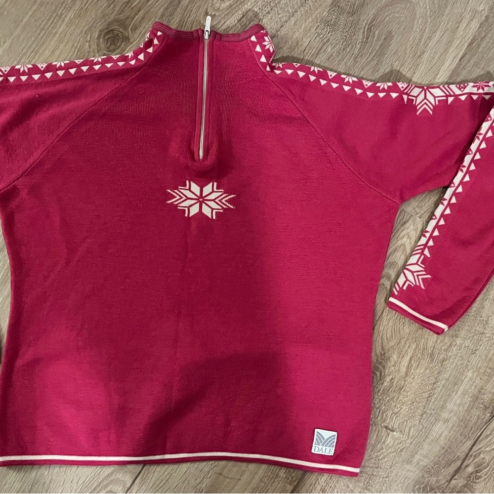 Dale of Norway Red and White Cowl Neck Sweater with Intricate Trim